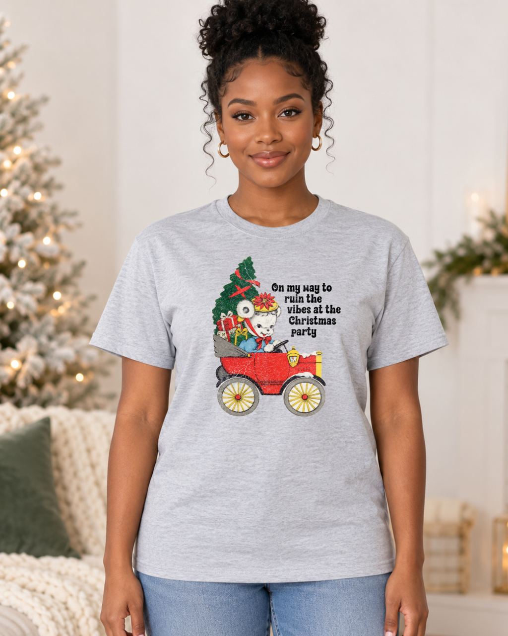 On My Way to Ruin the Vibes at the Christmas Party | Women's Christmas Graphic Tee modeled in Ash