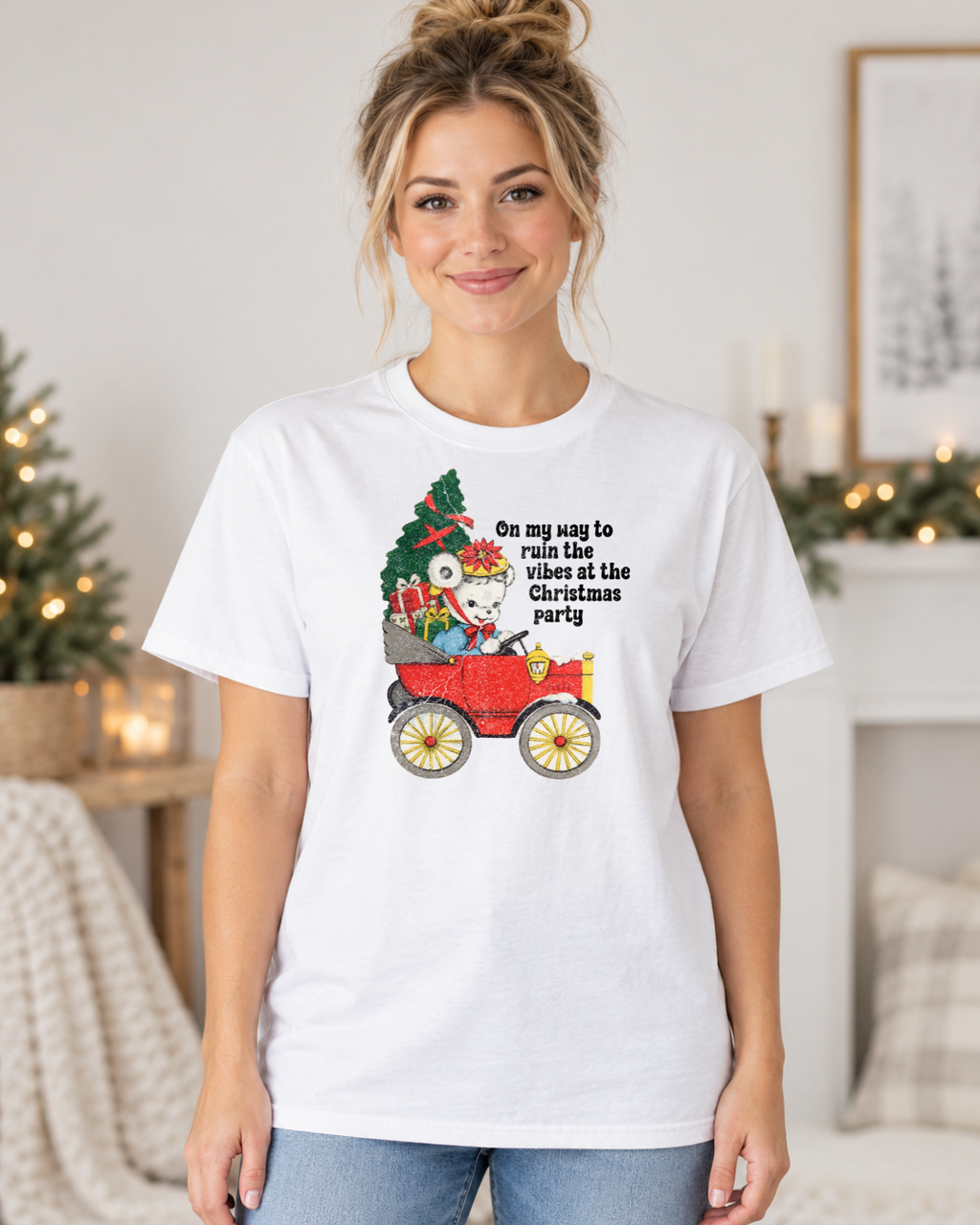 On My Way to Ruin the Vibes at the Christmas Party | Women's Christmas Graphic Tee modeled in White