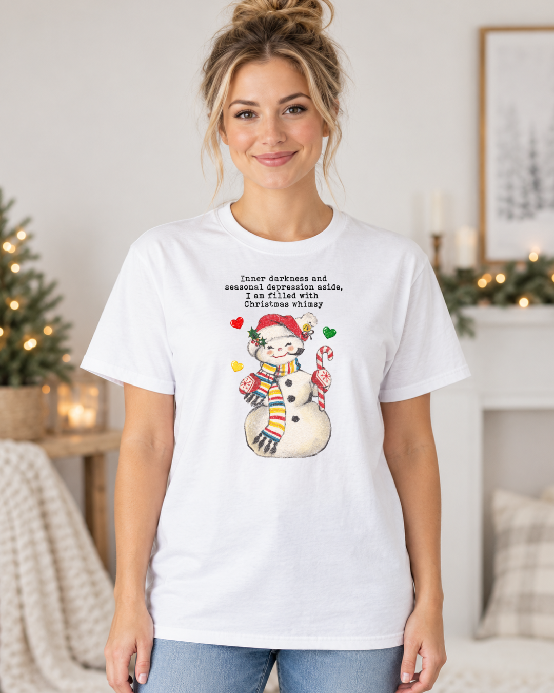 Inner Darkness and Seasonal Depression Aside, I'm Filled With Christmas Whimsy | Women's Snowman Tee modeled in White