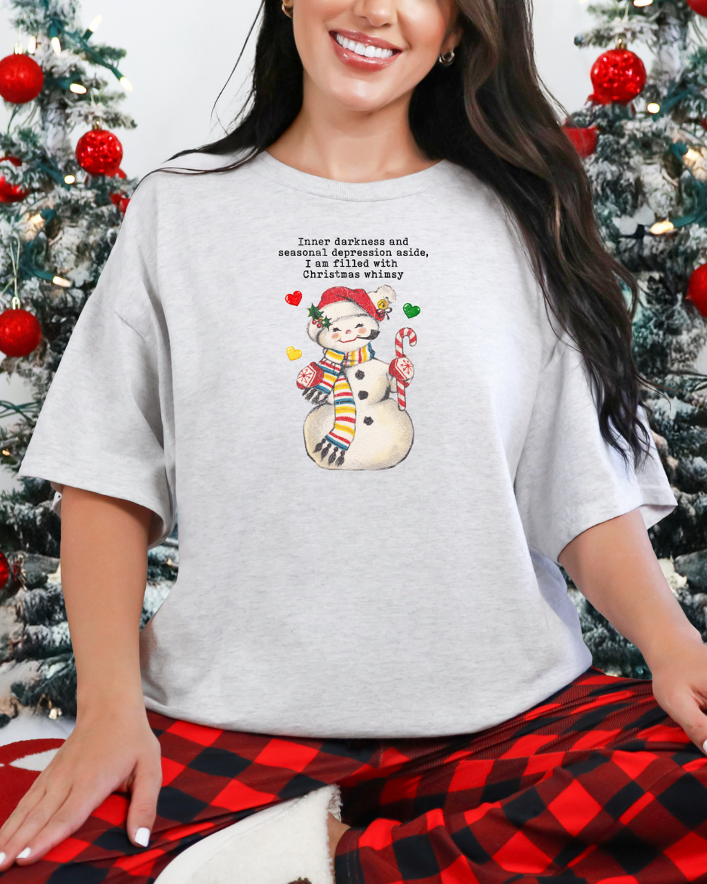 Inner Darkness and Seasonal Depression Aside, I'm Filled With Christmas Whimsy | Women's Snowman Tee Ash lifestyle Christmas mockup