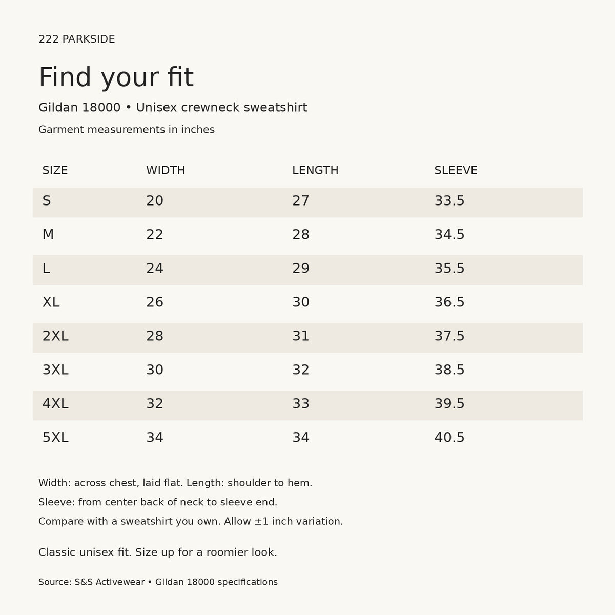 Gildan 18000 crewneck size chart S through 5XL