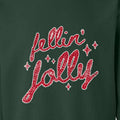 Feelin Jolly artwork print detail on forest crewneck