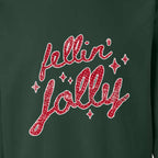 Feelin Jolly artwork print detail on forest crewneck