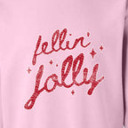 Feelin Jolly artwork print detail on light pink crewneck