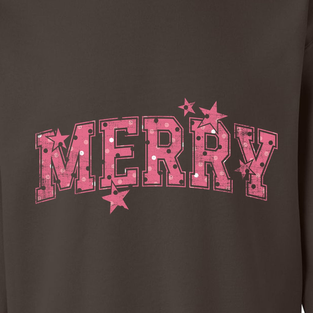 Detail of exact MERRY artwork on brown sweatshirt