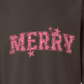 Detail of exact MERRY artwork on brown sweatshirt