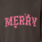 Detail of exact MERRY artwork on brown sweatshirt
