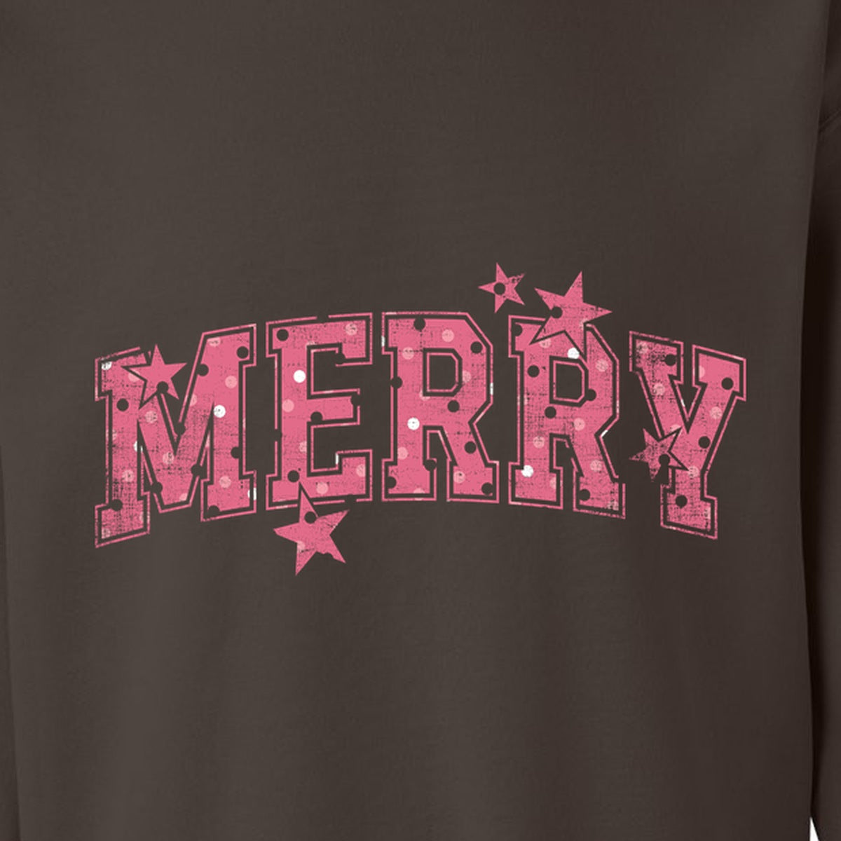 Detail of exact MERRY artwork on brown sweatshirt