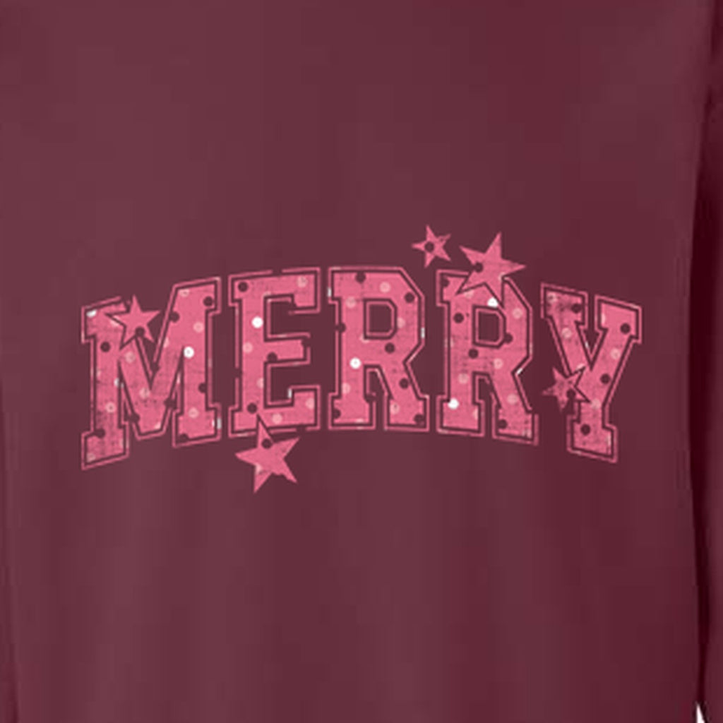 MERRY original artwork detail on maroon sweatshirt