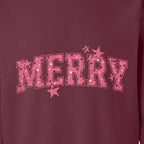 MERRY original artwork detail on maroon sweatshirt