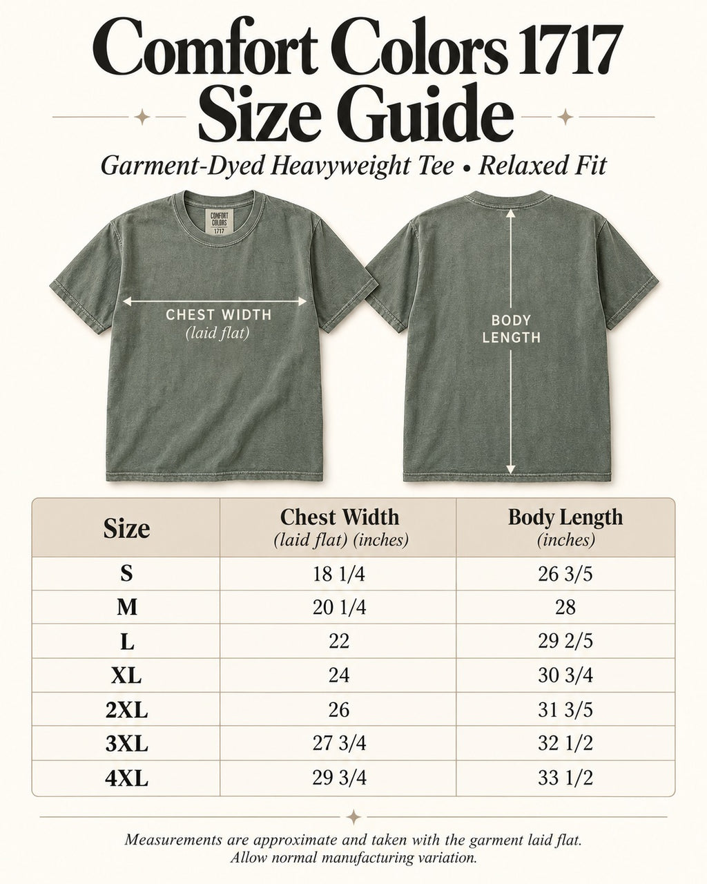 Comfort Colors 1717 shirt size chart S through 4XL in inches