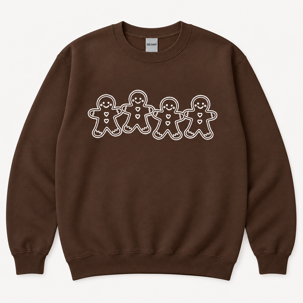 Dark chocolate brown Gildan gingerbread friends sweatshirt front with smaller graphic