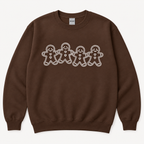 Dark chocolate brown Gildan gingerbread friends sweatshirt front with smaller graphic