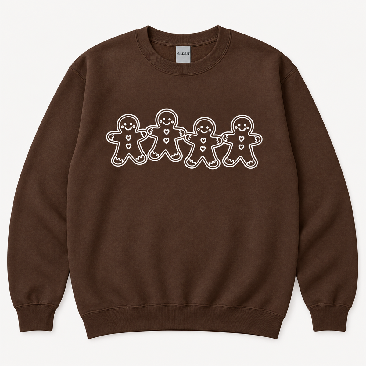 Dark chocolate brown Gildan gingerbread friends sweatshirt front with smaller graphic