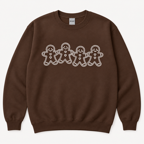 Dark chocolate brown Gildan gingerbread friends sweatshirt front with smaller graphic