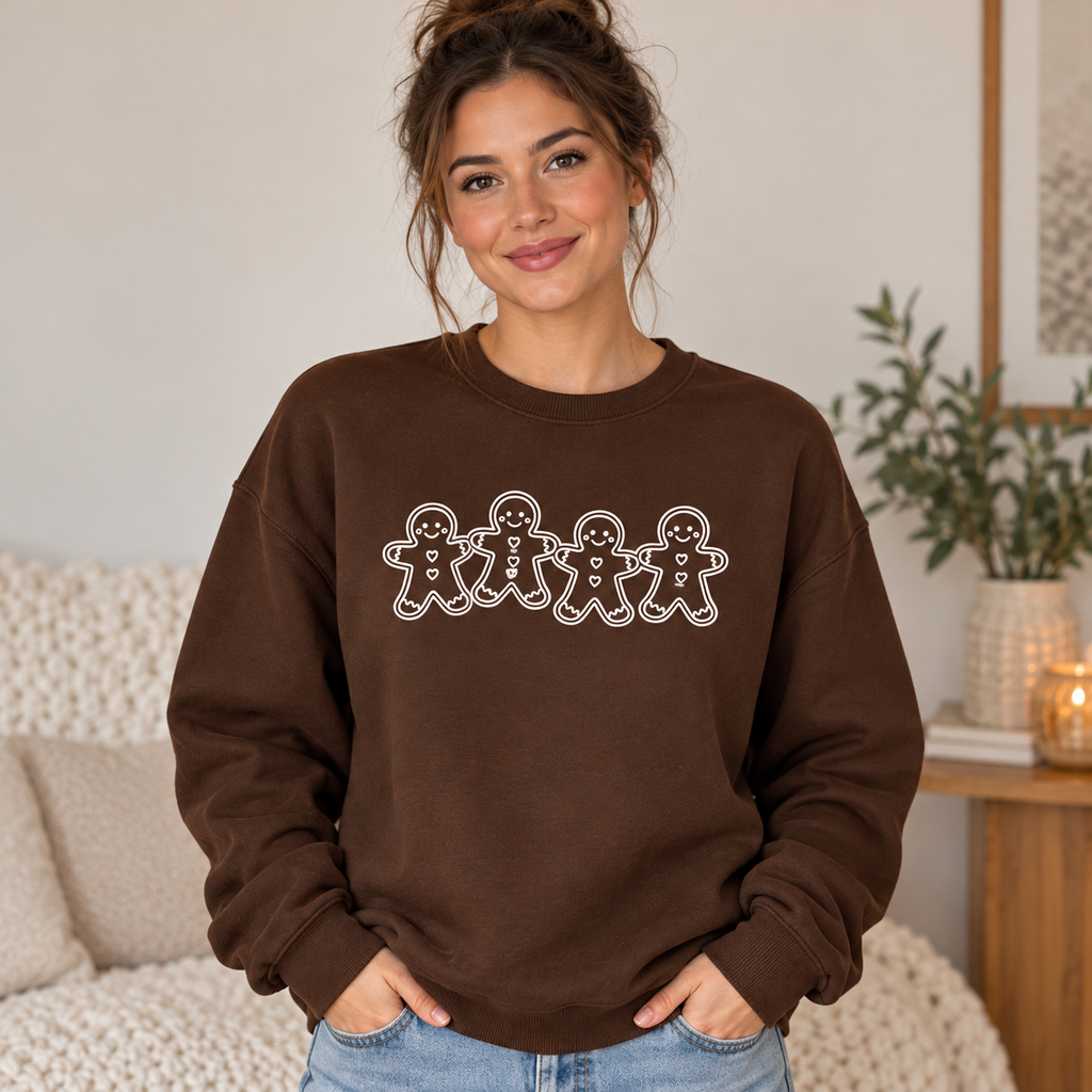 Woman wearing dark chocolate gingerbread friends sweatshirt