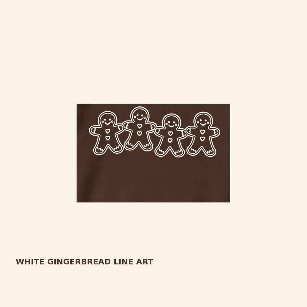 Close-up of white gingerbread line art on dark chocolate Gildan 18000 sweatshirt