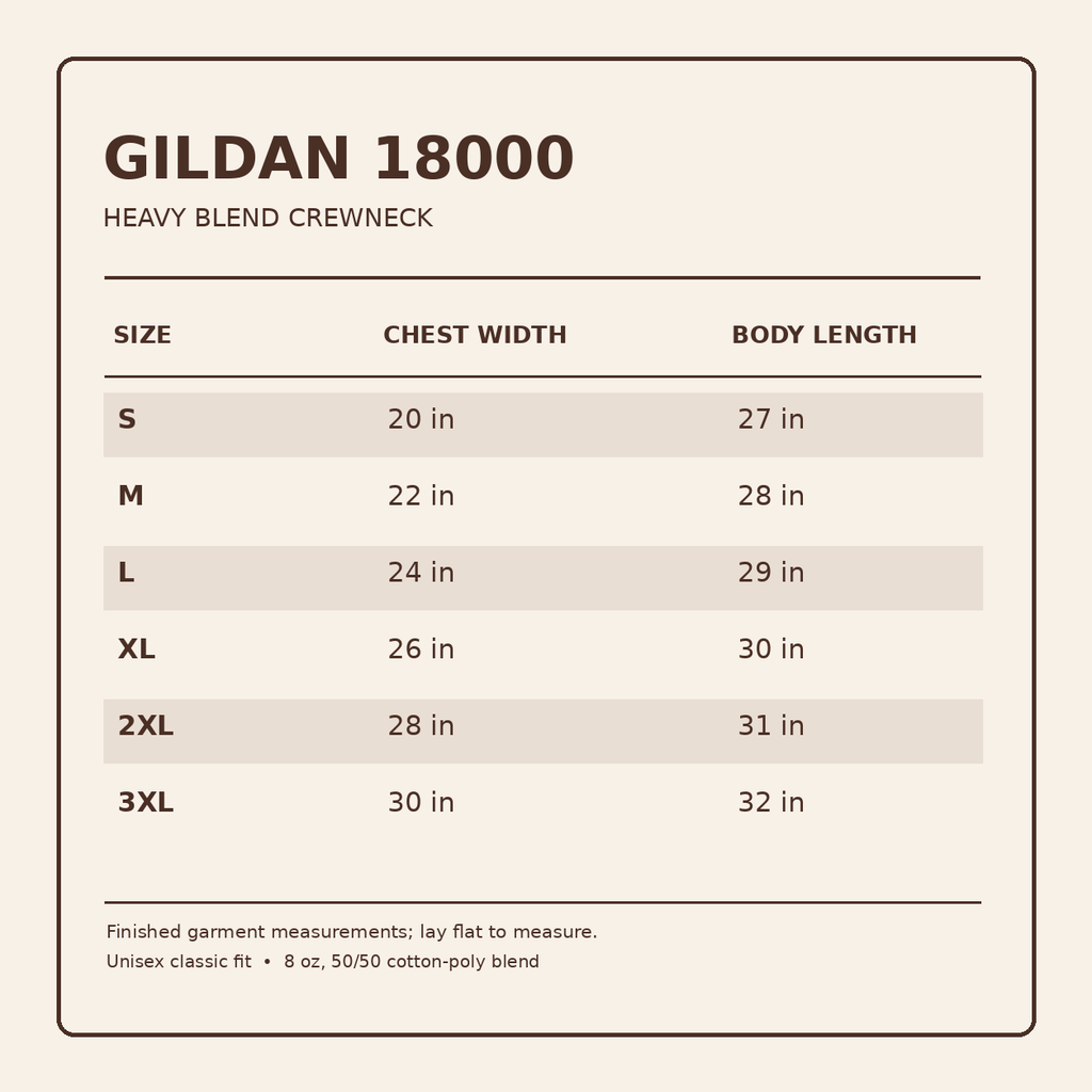 Gildan 18000 size chart S through 3XL