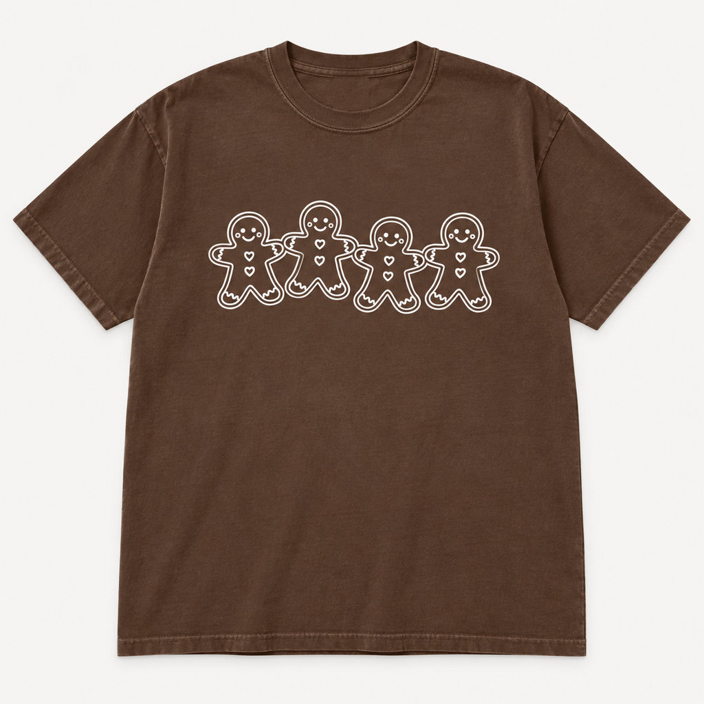Brown Comfort Colors Espresso tee with smaller gingerbread friends graphic front