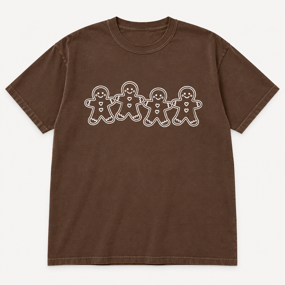 Brown Comfort Colors Espresso tee with smaller gingerbread friends graphic front