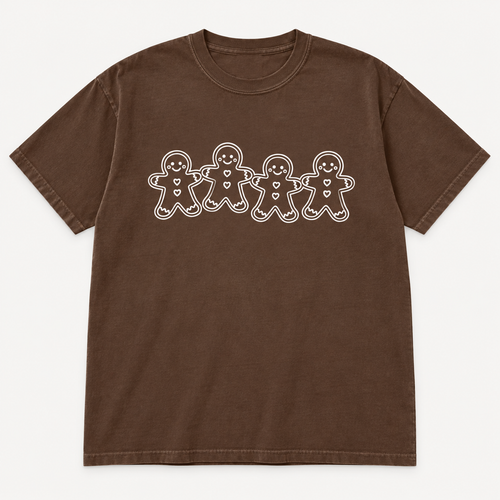 Brown Comfort Colors Espresso tee with smaller gingerbread friends graphic front