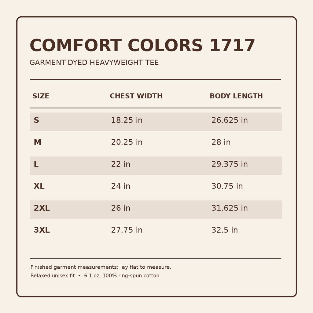 Comfort Colors 1717 tee size chart S through 3XL