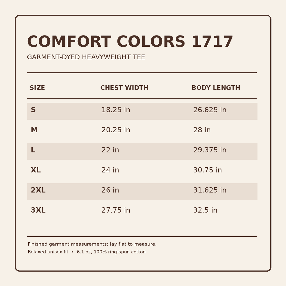 Comfort Colors 1717 tee size chart S through 3XL