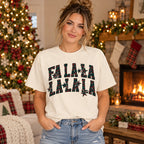 Woman wearing Fa La La | Vintage Plaid Christmas Tee — Ivory, holiday lifestyle styling mockup