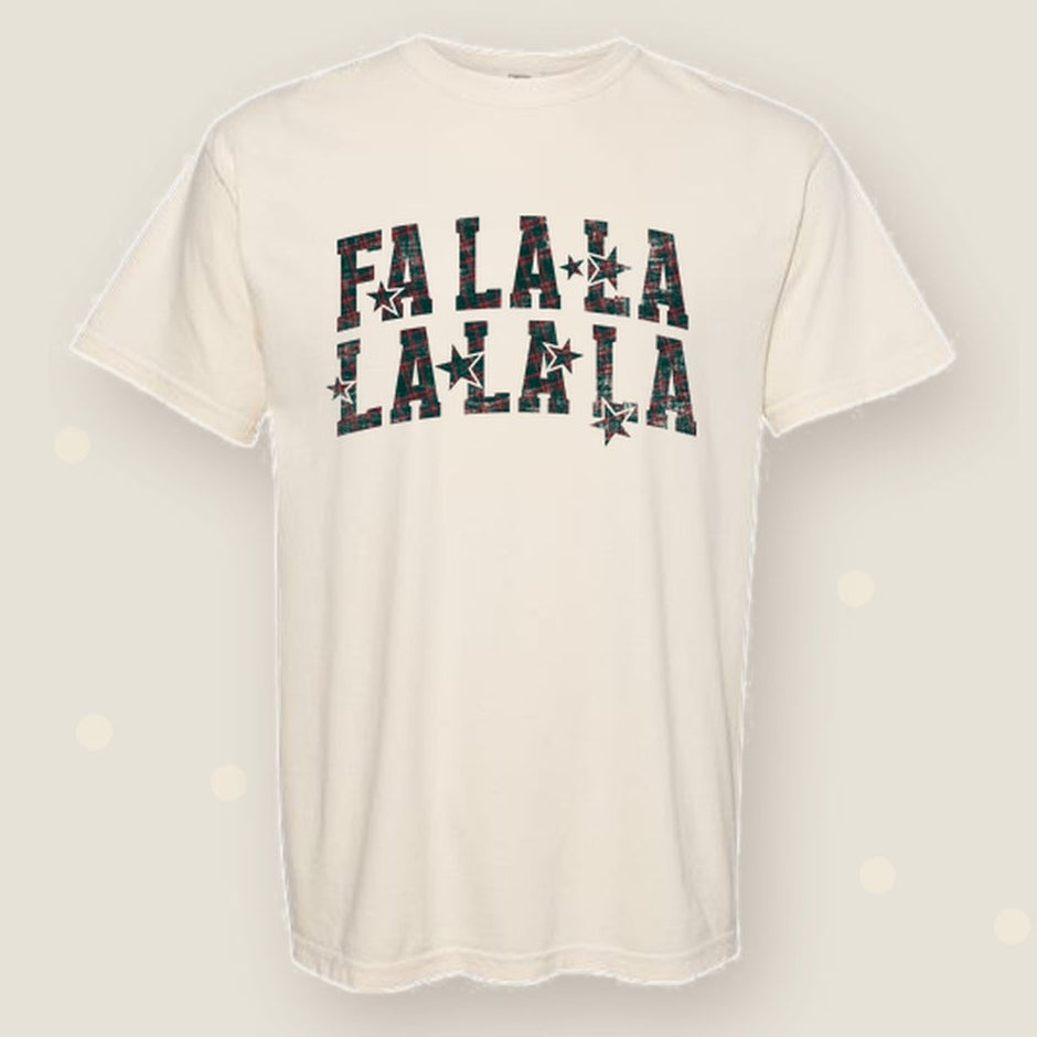 Fa La La | Vintage Plaid Christmas Tee — Ivory styled flat shirt display
