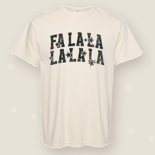 Fa La La | Vintage Plaid Christmas Tee — Ivory styled flat shirt display