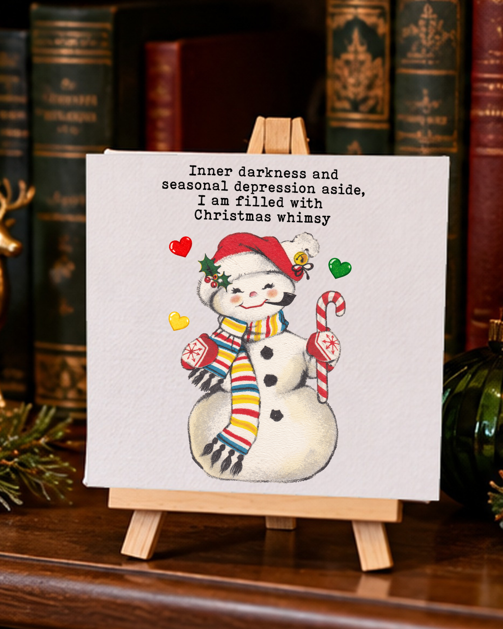 Filled With Christmas Whimsy | Snowman Mini Canvas & Easel holiday 4x4 mini canvas display mockup