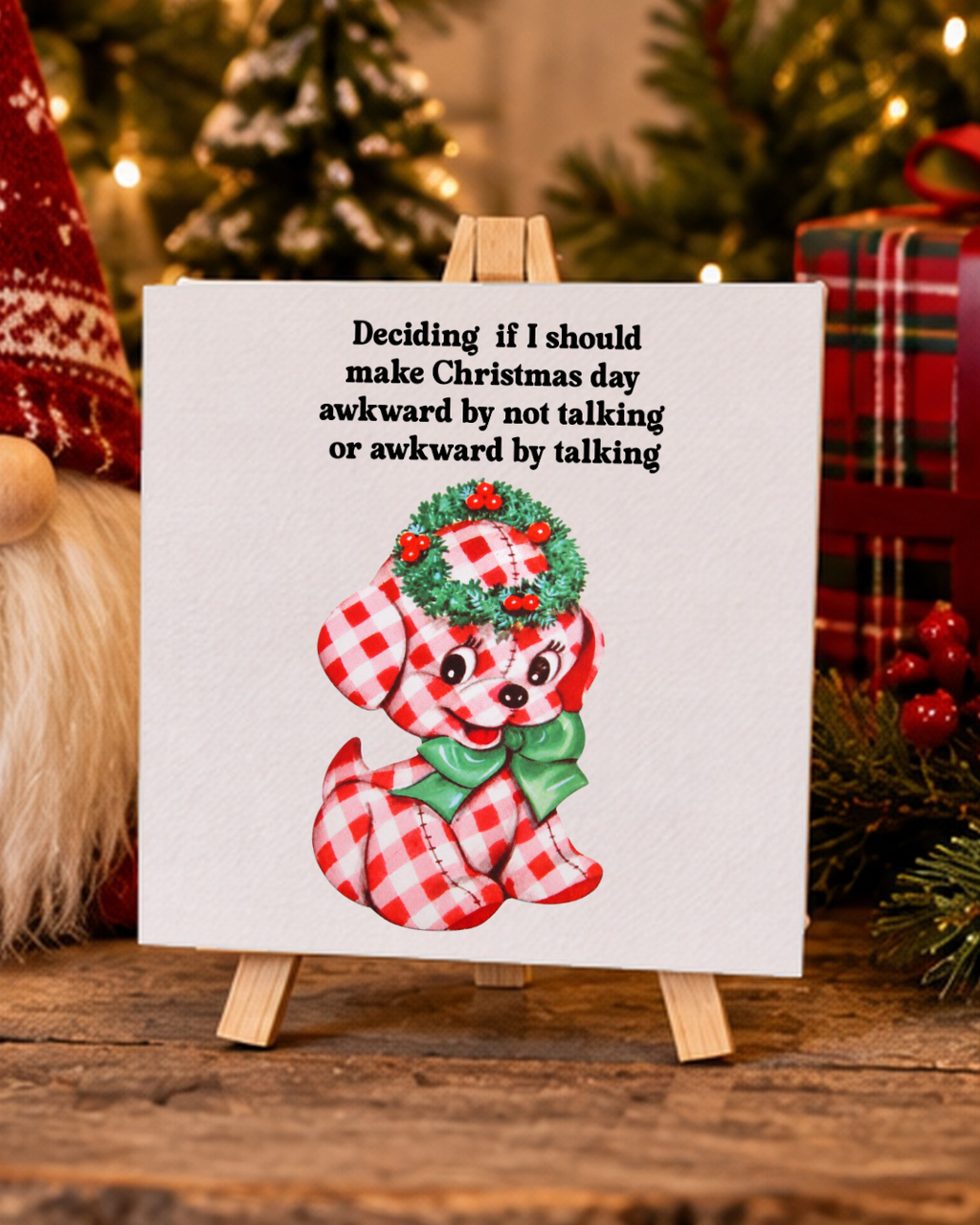Funny Christmas mini canvas among holiday gifts