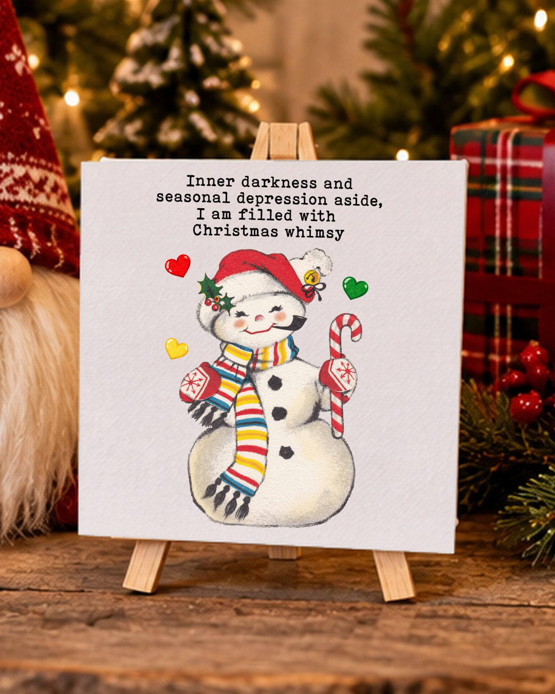 Filled With Christmas Whimsy | Snowman Mini Canvas & Easel holiday 4x4 mini canvas display mockup