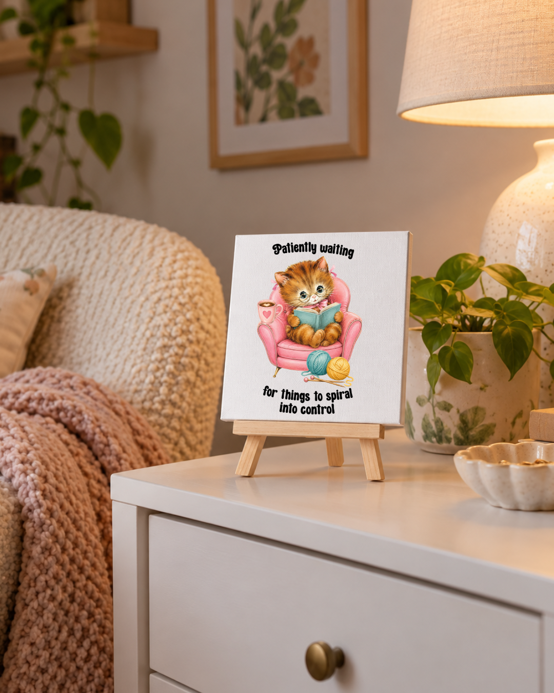 Patiently Waiting for Things to Spiral Into Control | Mini Canvas: small printed square canvas on miniature easel lifestyle photograph