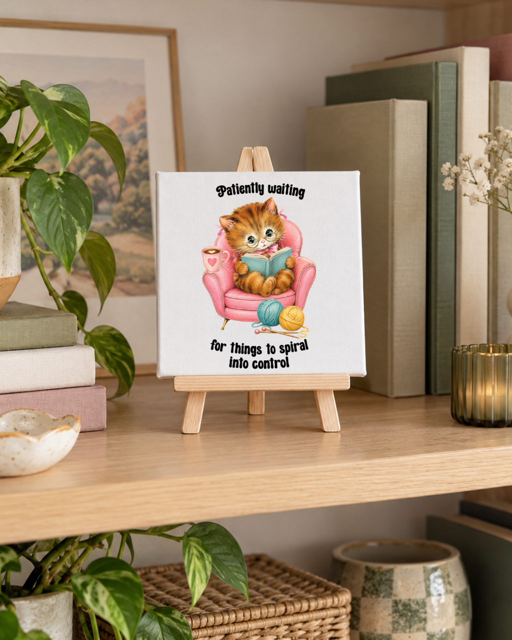 Patiently Waiting for Things to Spiral Into Control | Mini Canvas: small printed square canvas on miniature easel lifestyle photograph