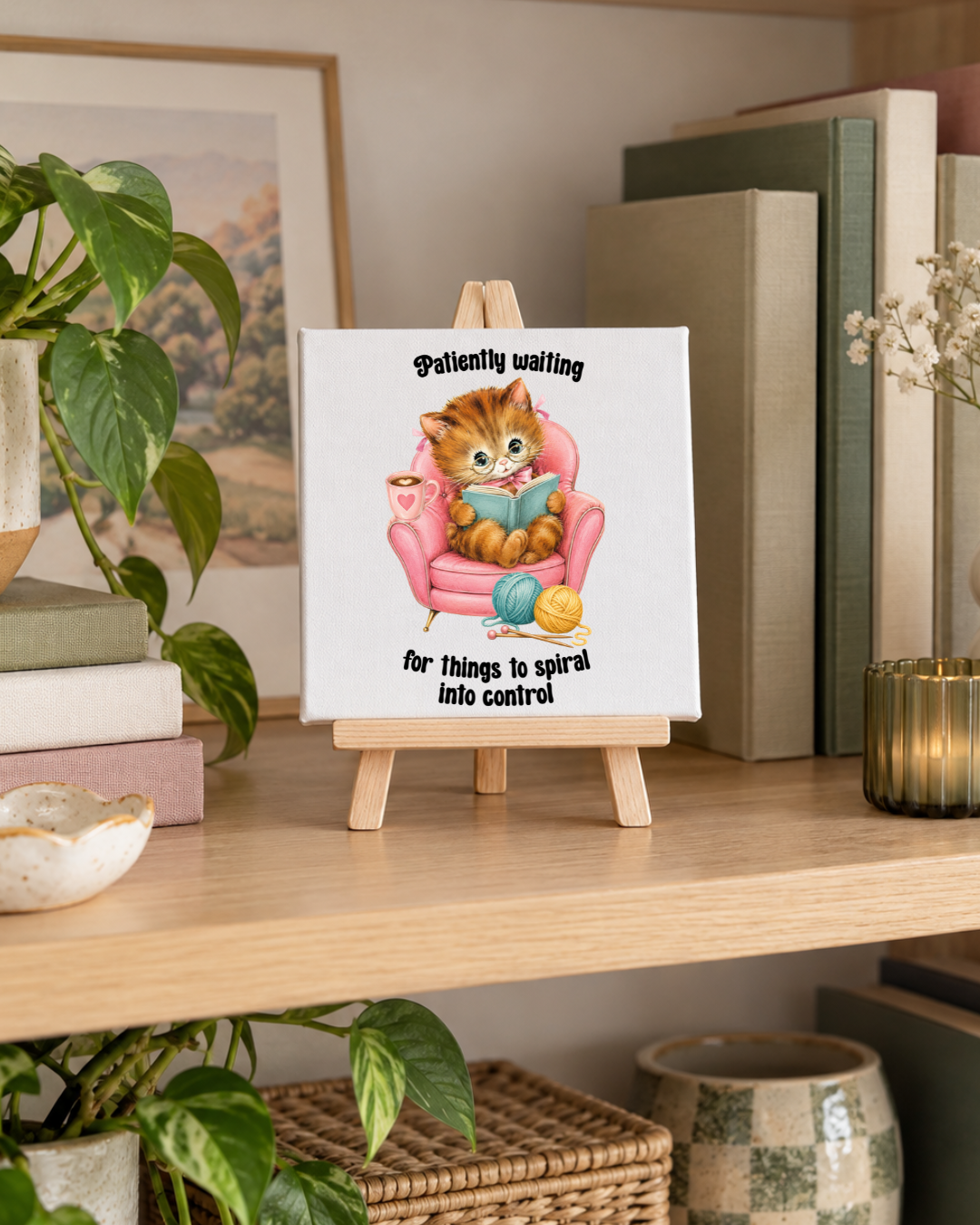 Patiently Waiting for Things to Spiral Into Control | Mini Canvas: small printed square canvas on miniature easel lifestyle photograph