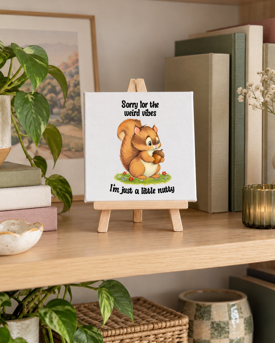 Sorry for the Weird Vibes | Little Nutty Mini Canvas: small printed square canvas on miniature easel lifestyle photograph
