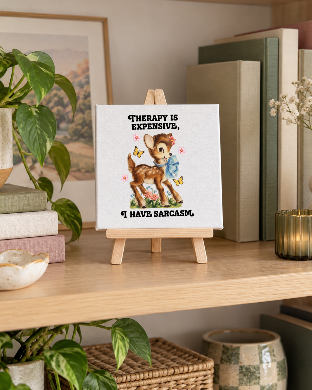 Therapy Is Expensive, I Have Sarcasm | Deer Mini Canvas: small printed square canvas on miniature easel lifestyle photograph