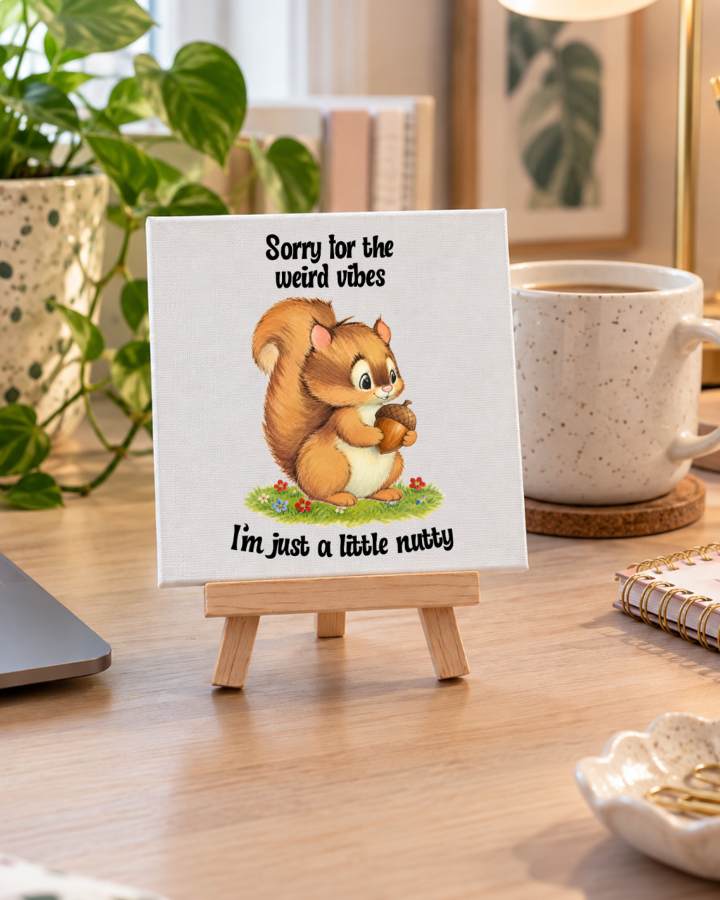 Sorry for the Weird Vibes | Little Nutty Mini Canvas: small printed square canvas on miniature easel lifestyle photograph