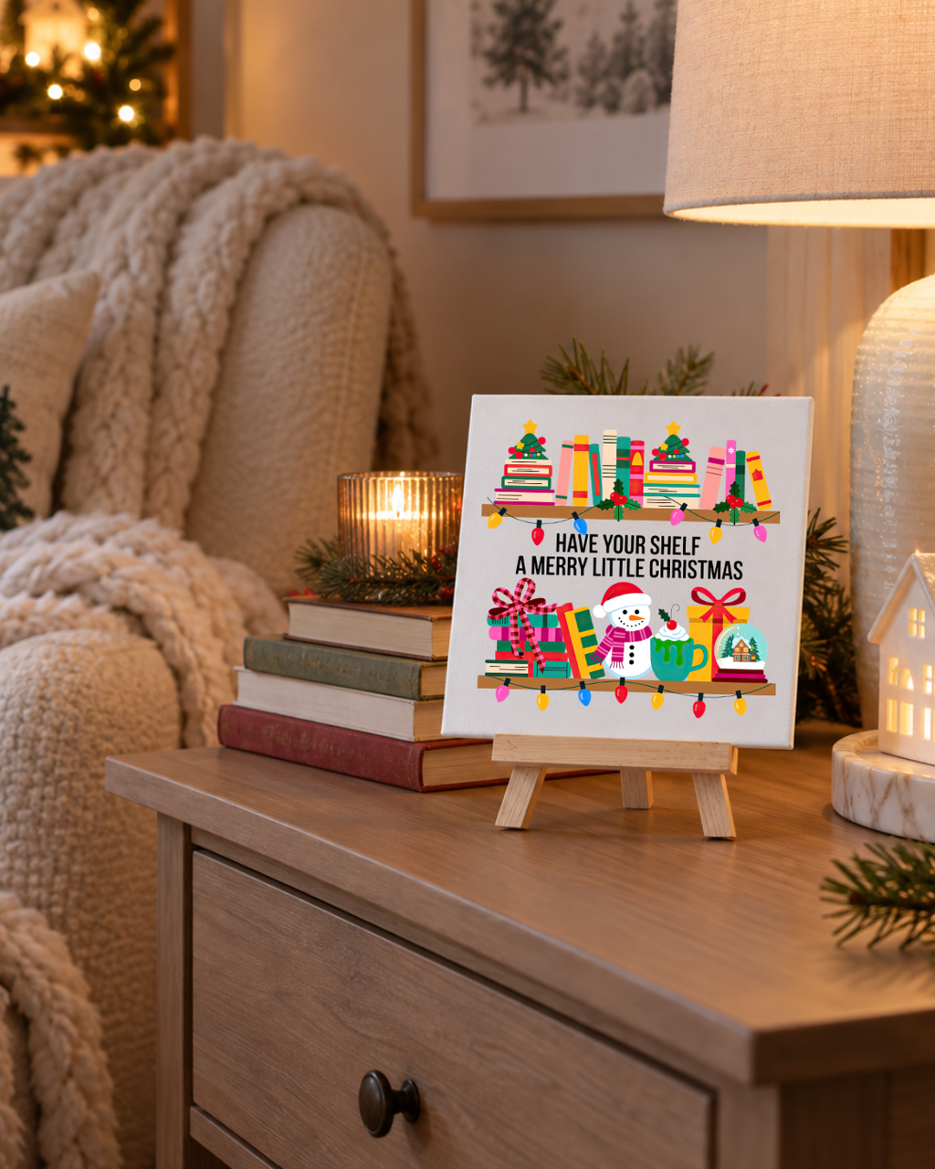 Have Your Shelf a Merry Little Christmas | Mini Canvas: small printed square canvas on miniature easel lifestyle photograph