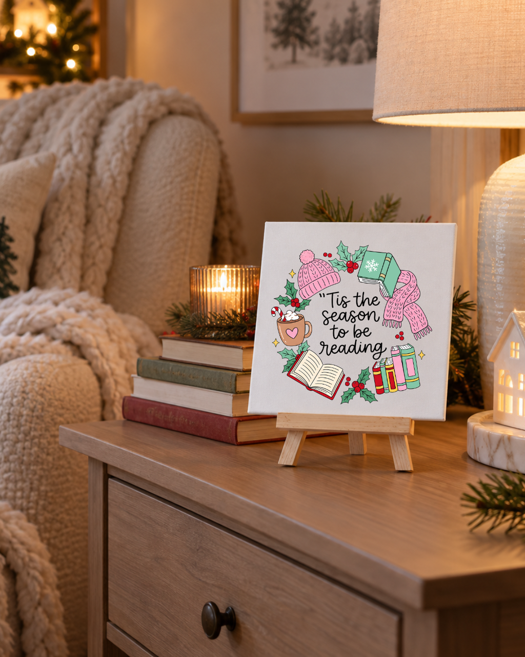 'Tis the Season to Be Reading | Christmas Mini Canvas: small printed square canvas on miniature easel lifestyle photograph