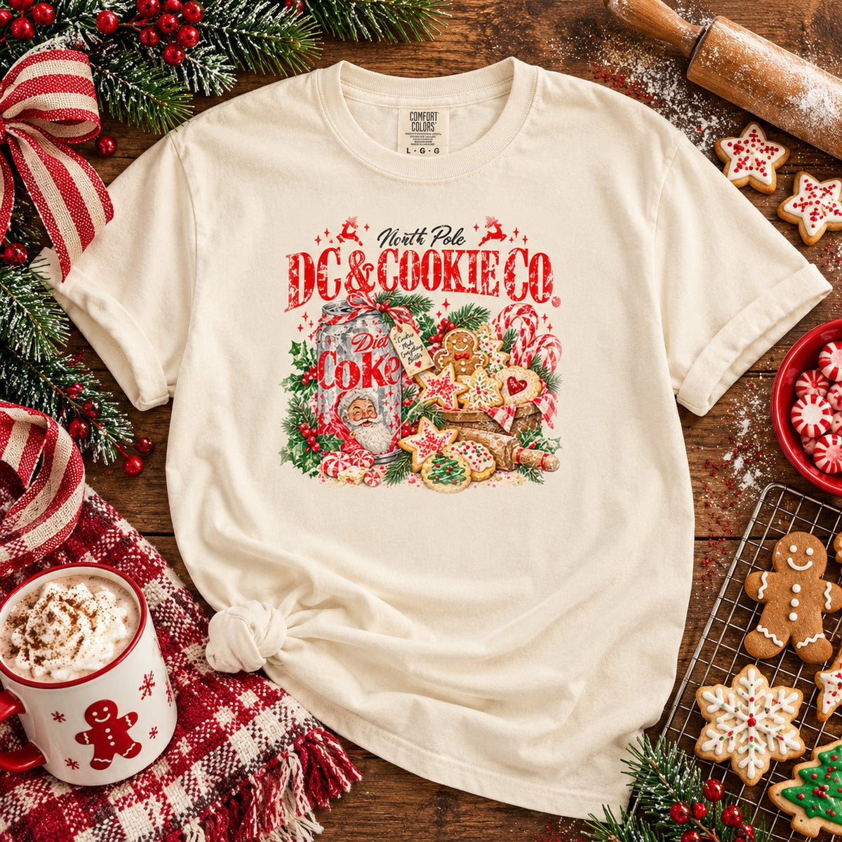 Ivory vintage North Pole Cookie Co Christmas tee in cookie baking styled holiday flat lay