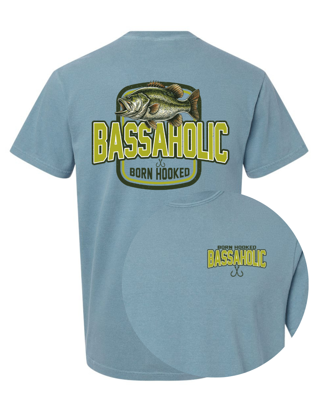 Light blue t-shirt with bass graphic and 'BASSAHOLIC' text on a white background