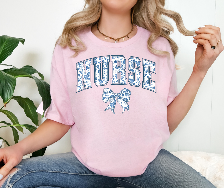 Floral Blue Nurse Shirt with Bow | Cute Nurse Appreciation Tee | Pink Graphic Nurse T-Shirt for Women | Gift for Healthcare Workers