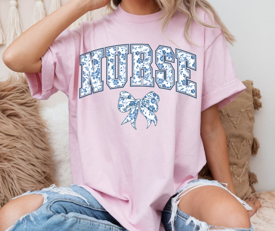 Floral Blue Nurse Shirt with Bow | Cute Nurse Appreciation Tee | Pink Graphic Nurse T-Shirt for Women | Gift for Healthcare Workers