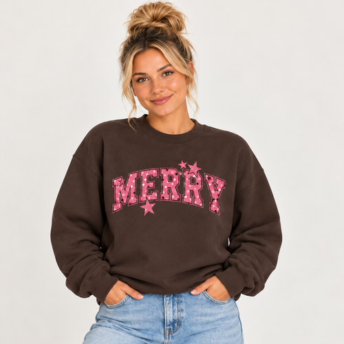Merry | Pink Varsity Christmas Crewneck Sweatshirt