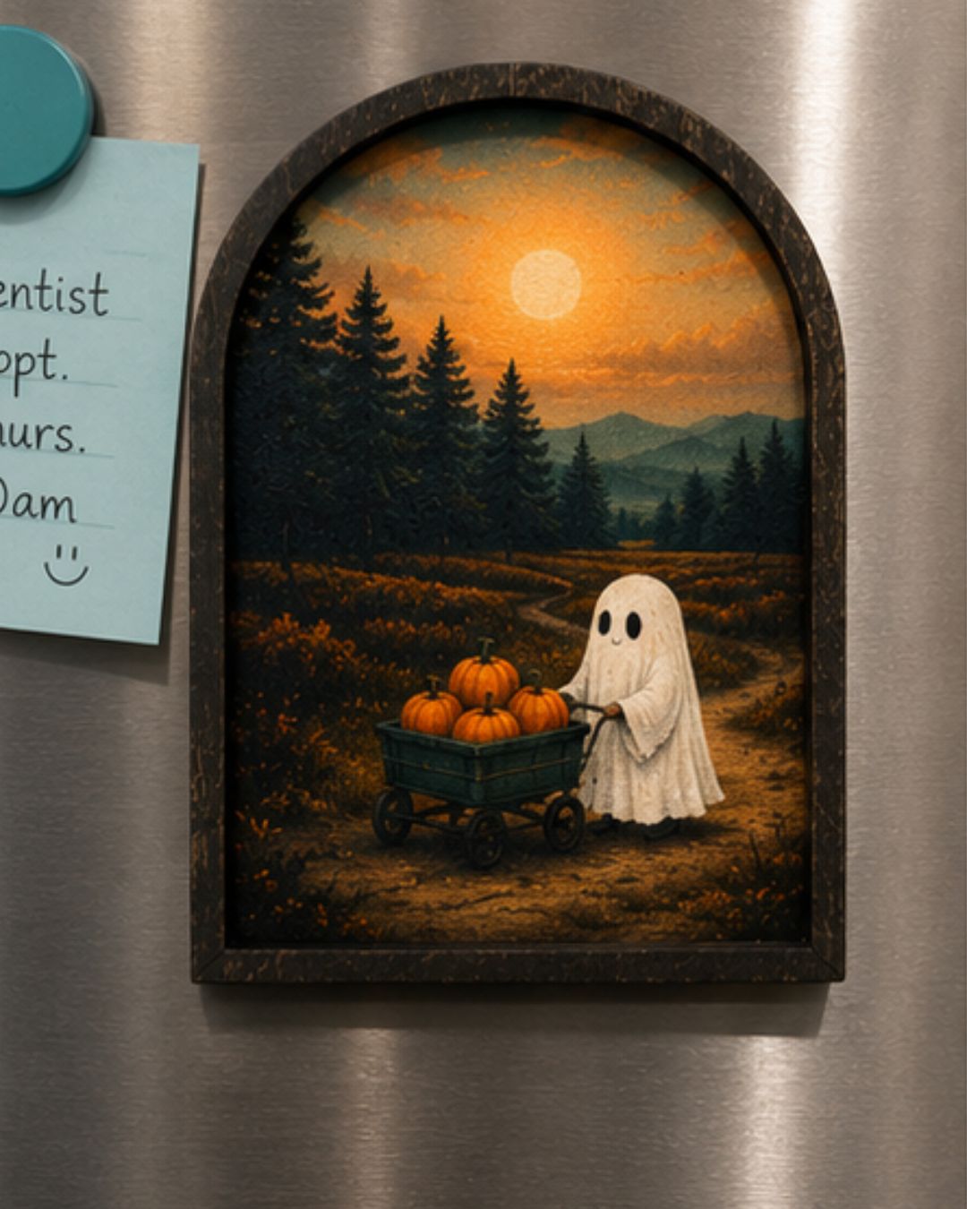Ghost pulling a green wagon of pumpkins down an autumn path under a harvest moon – arched wood magnet