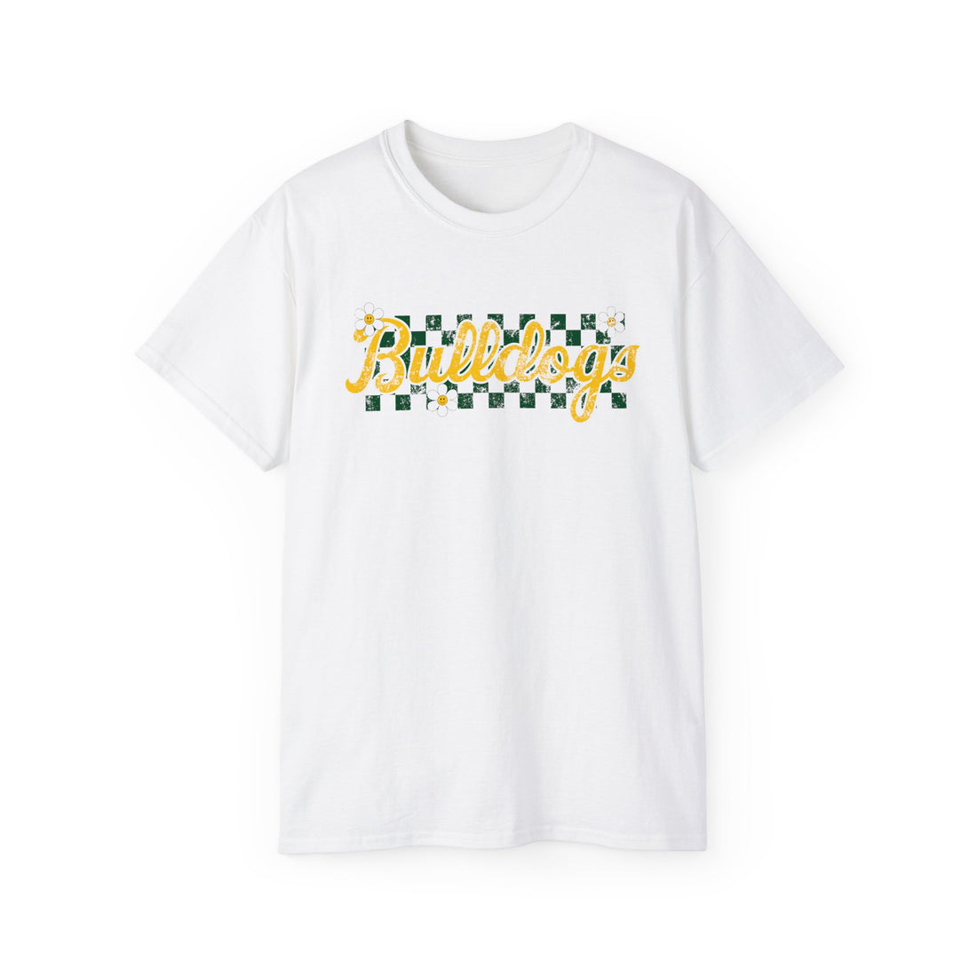 Retro Bulldog checkers and flowers graphic tee