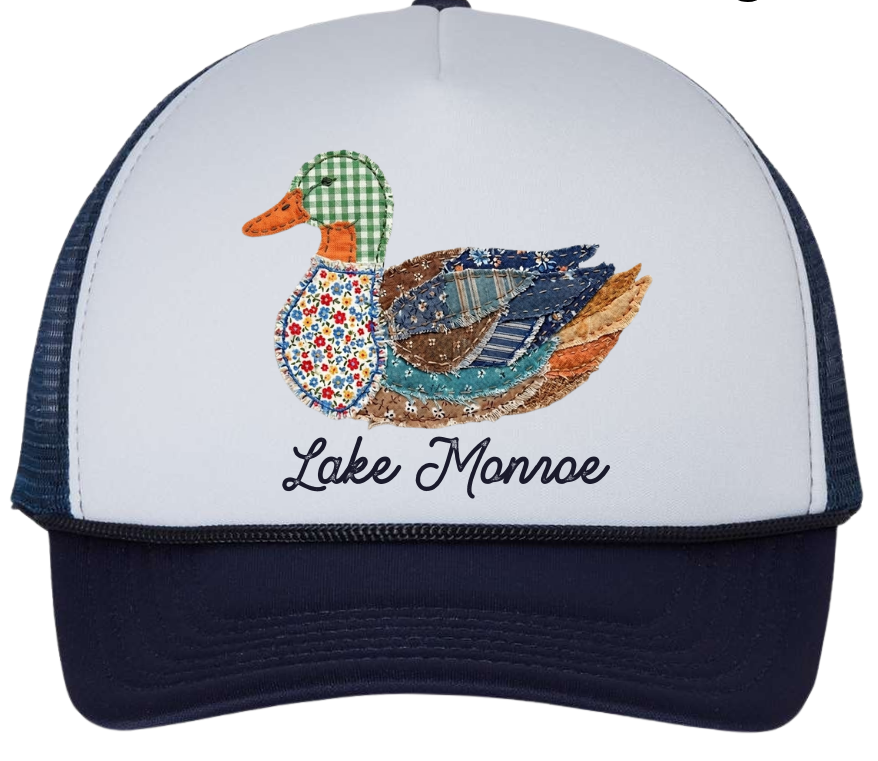 Trucker hat with a duck design and 'Lake Monroe' text on a white background with 