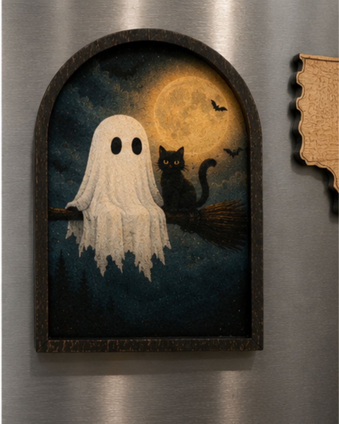 Ghost & Black Cat Broomstick – Wood Magnet